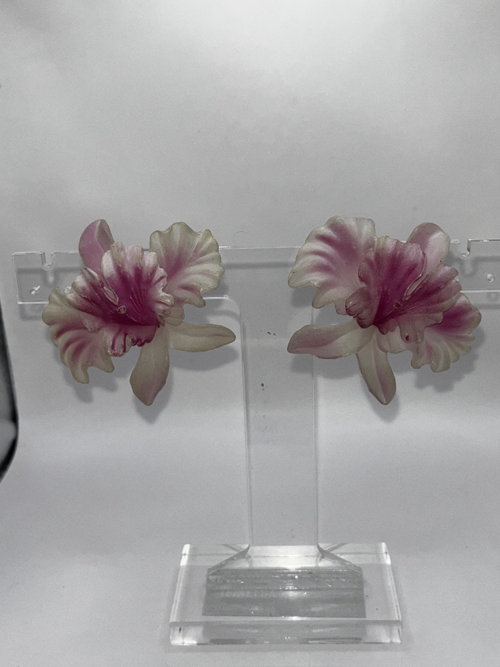 Vintage 3D Orchid Flower Statement Clip-On Earrings Pink Fuchsia Cream